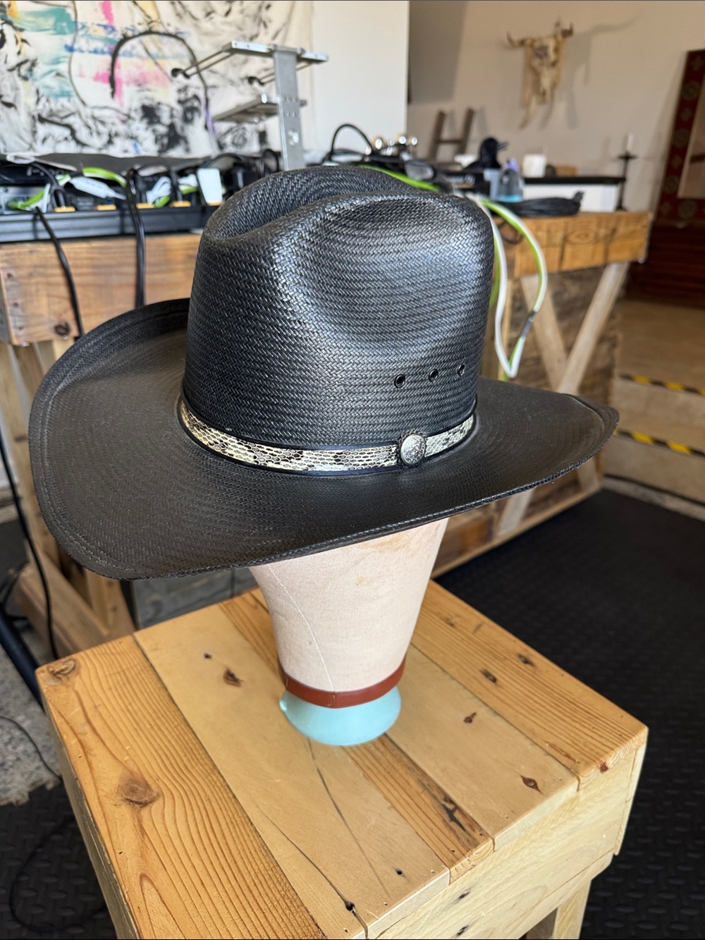 Charlie 1 Horse Black Straw Cowboy Hat with Snakeskin Band